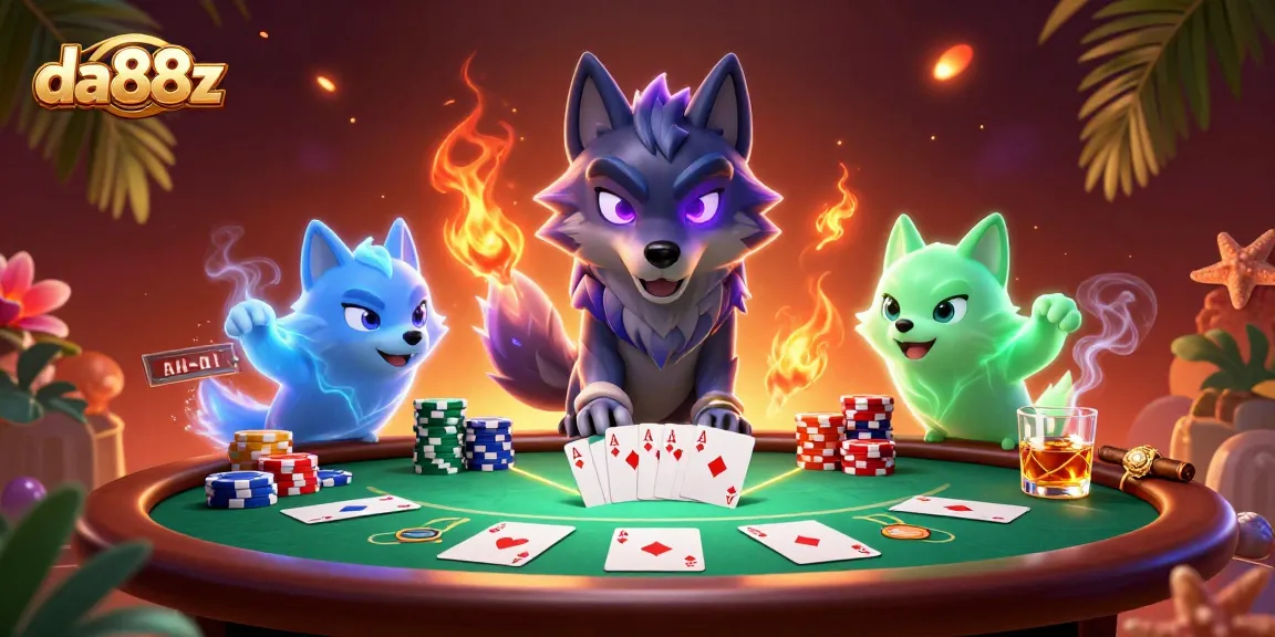 Engage with the thrilling da88z poker action in this vibrant 3D scene featuring wolves and casino elements.