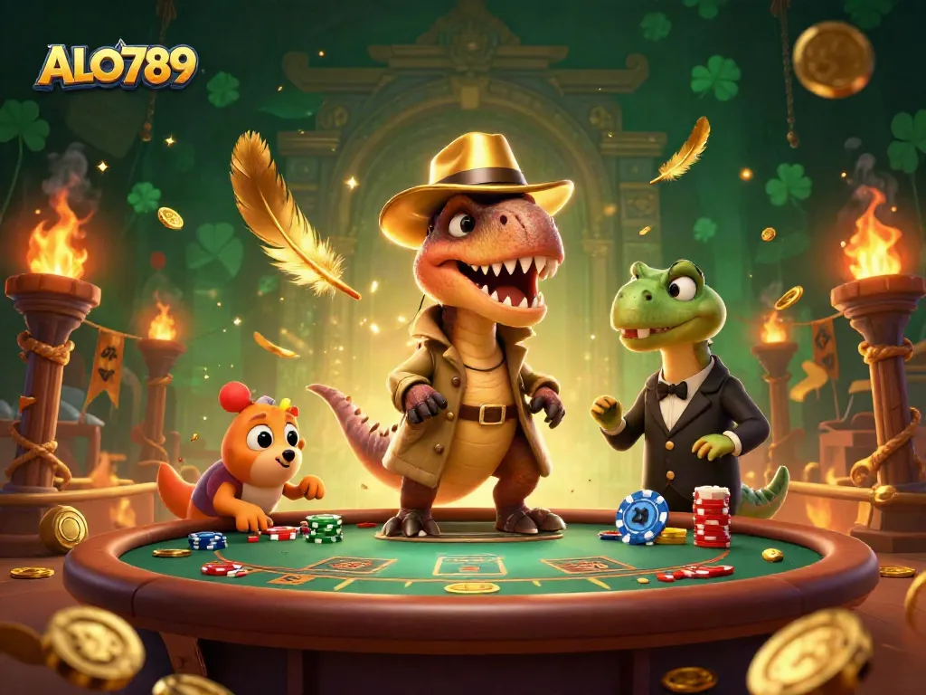 ALO789 showcases a velociraptor card counter at a blackjack table amid swirling golden feathers and dramatic effects.
