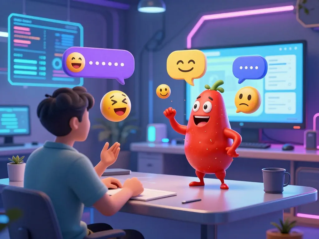 User engaging in lively chat with spicy AI character in vibrant digital workspace