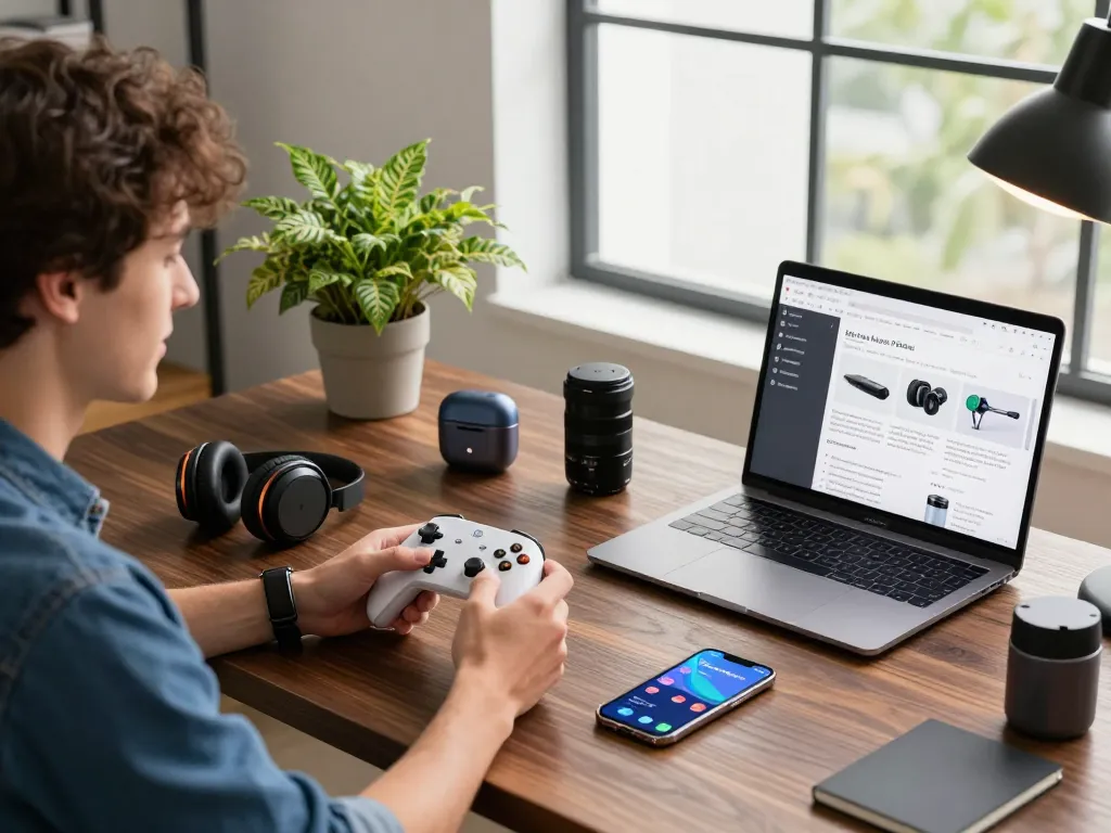 Engaged professional testing top 10 tech gadgets 2093 in a vibrant home office.