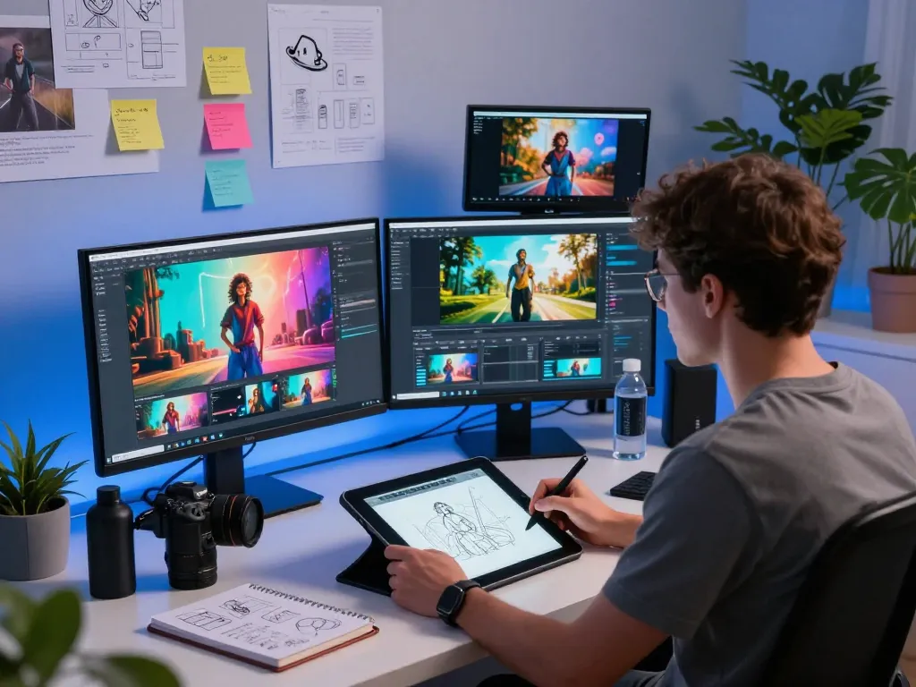 Digital artist using motion ai to create animated videos in a modern workspace with high-tech setups.