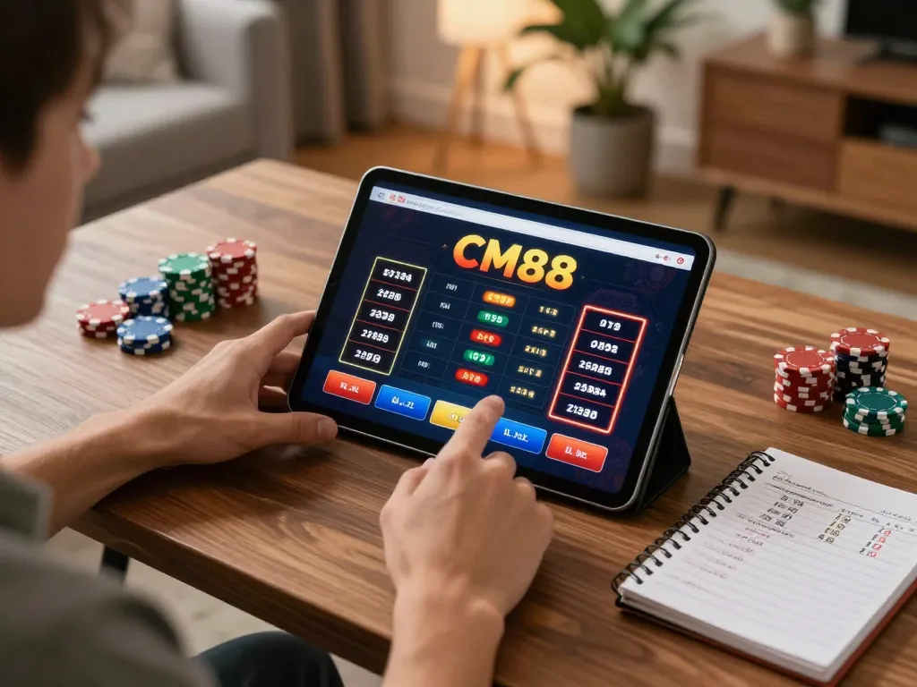 Engaging online gaming session with CM88 interface displayed on tablet, highlighting strategic gameplay and home atmosphere.