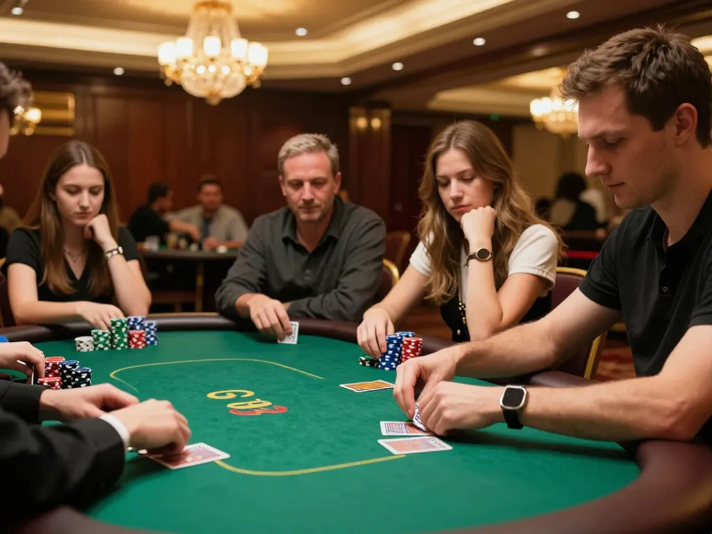 CM88 poker table action showing dealer dealing cards, vibrant ambiance of competitive gambling