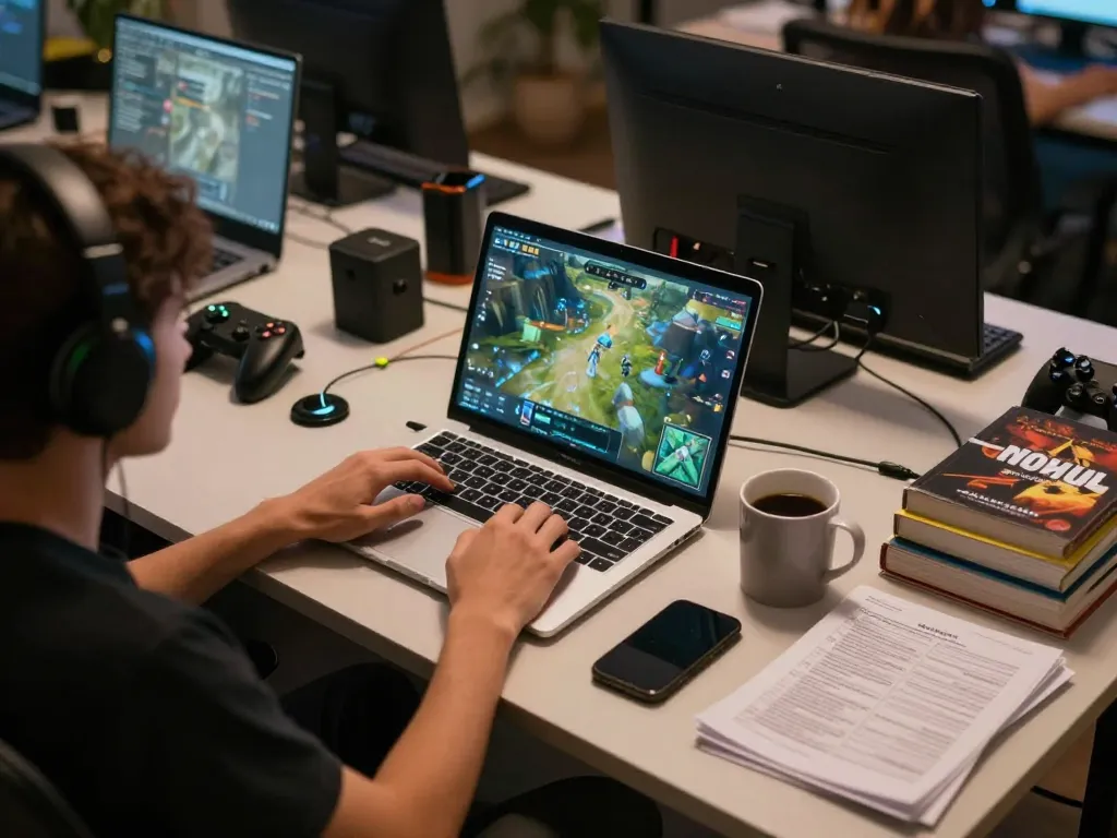 Player strategizing and winning at nohu online gaming interface in a cozy home setup