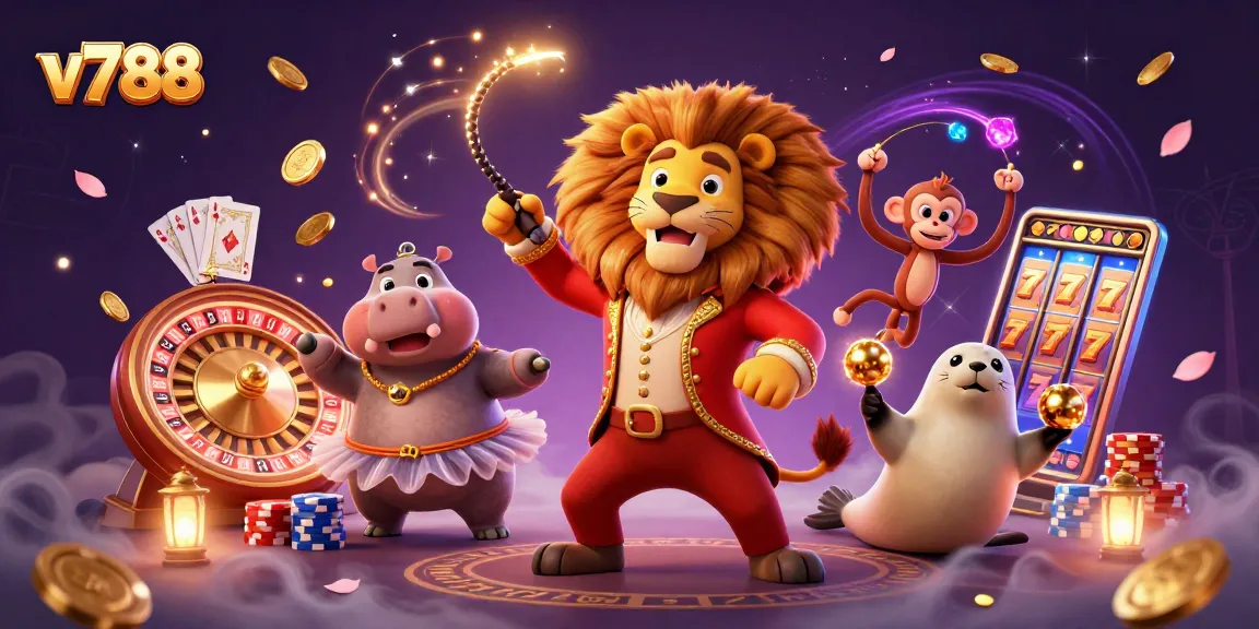 Join the excitement at v788 with vibrant circus characters and dynamic casino elements.