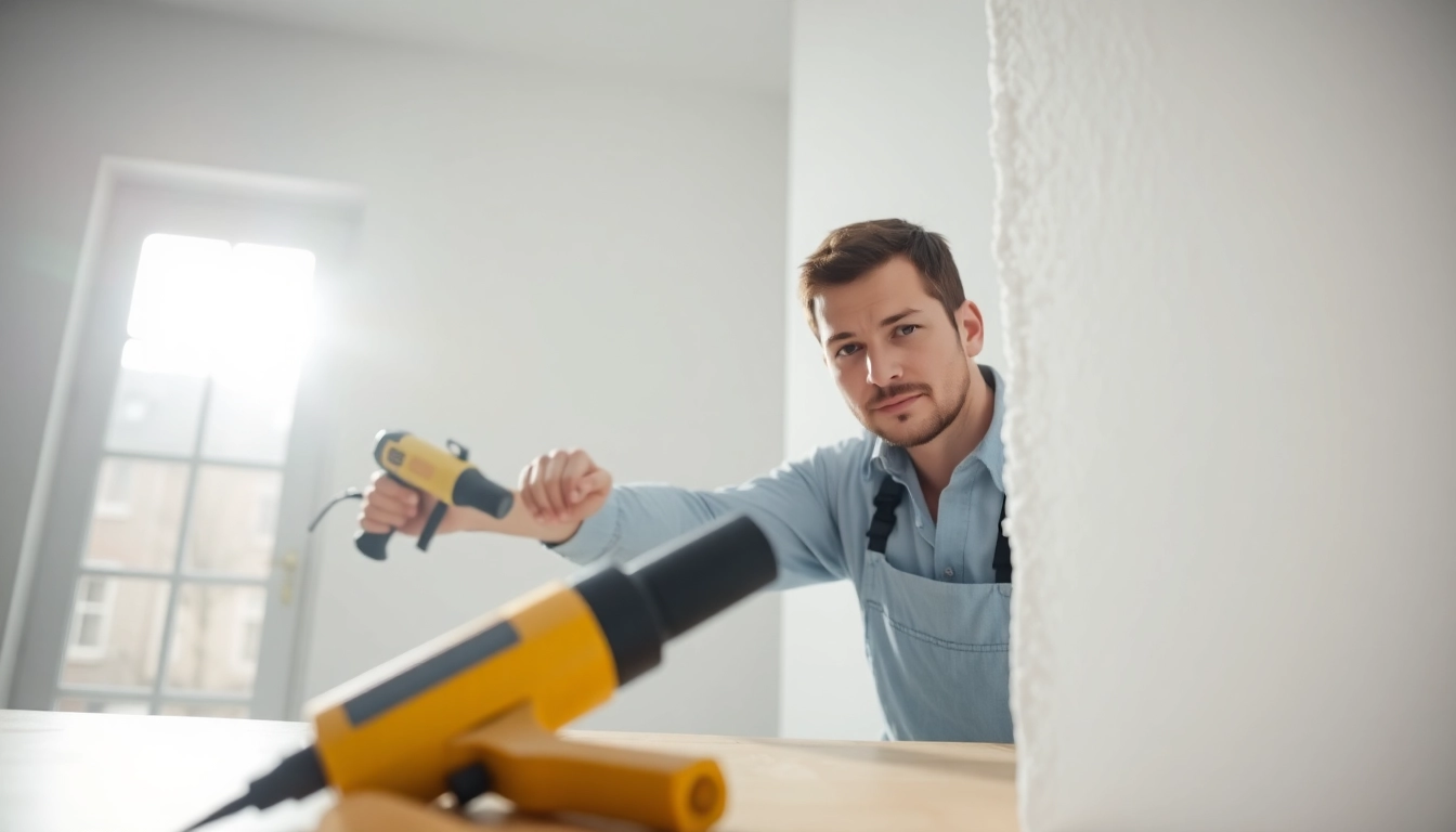 Closed cell spray foam removal process demonstrated by a technician in a bright setting.