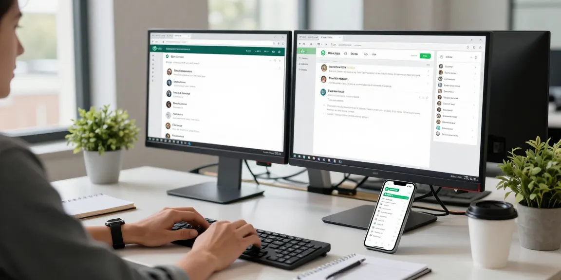 User exploring WhatsApp電腦版 in a modern workspace with dual monitors and coffee.