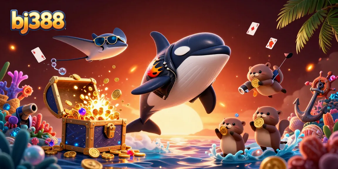 Place bets at bj388 with captivating orca rider, gold coins, and casino-themed action.