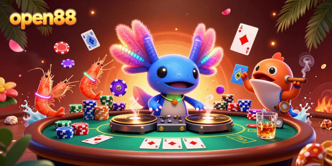 Experience the vibrant energy of open88 with a neon axolotl DJ at a colorful poker scene.