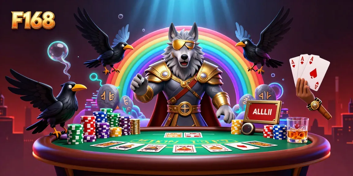 Engage in thrilling gameplay at F168 with Odin and ravens over a vibrant casino scene.