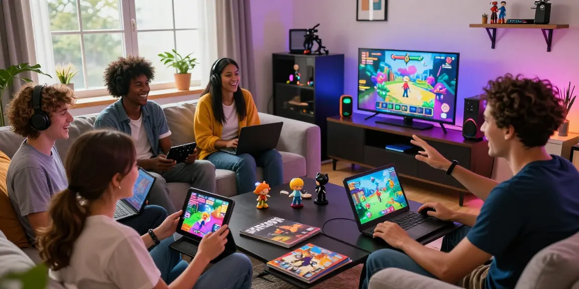 Gamers enjoying hentaigames in a lively living room with multiple devices.