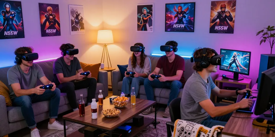 Engaged friends playing NSFW games in a cozy gaming setup