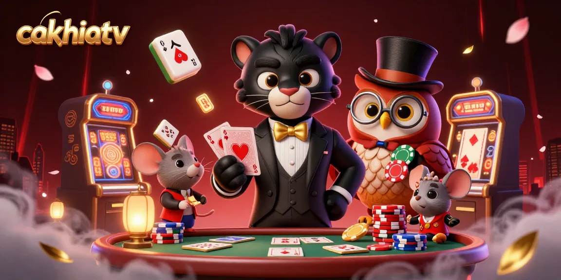 Cakhiatv offers an elegant casino experience with a stylish panther dealer and a charming owl in a vibrant gaming setting.