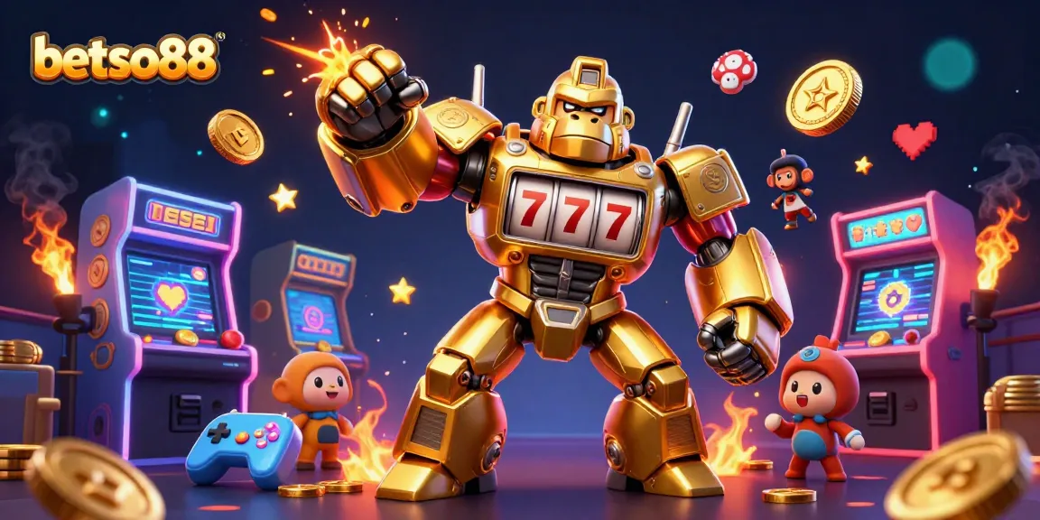 Experience the thrill of betso88 with a 3D gorilla mech and casino game elements.