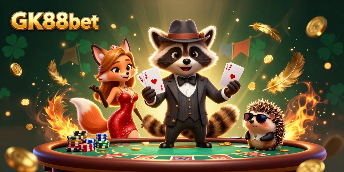 Experience the excitement of GK88bet with a raccoon, fox, and hedgehog in a vibrant 3D casino scene.