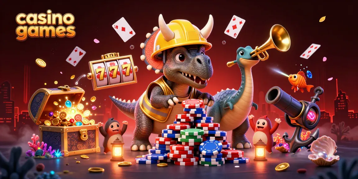 Engage with casino games as a triceratops builds a poker chip pyramid amidst a vibrant scene.