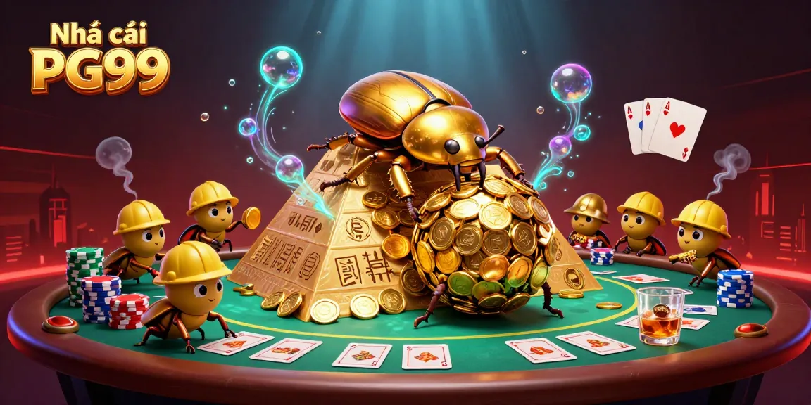 Engage with exciting games at Nhà cái PG99, featuring a vibrant 3D scene of a beetle rolling golden coins.