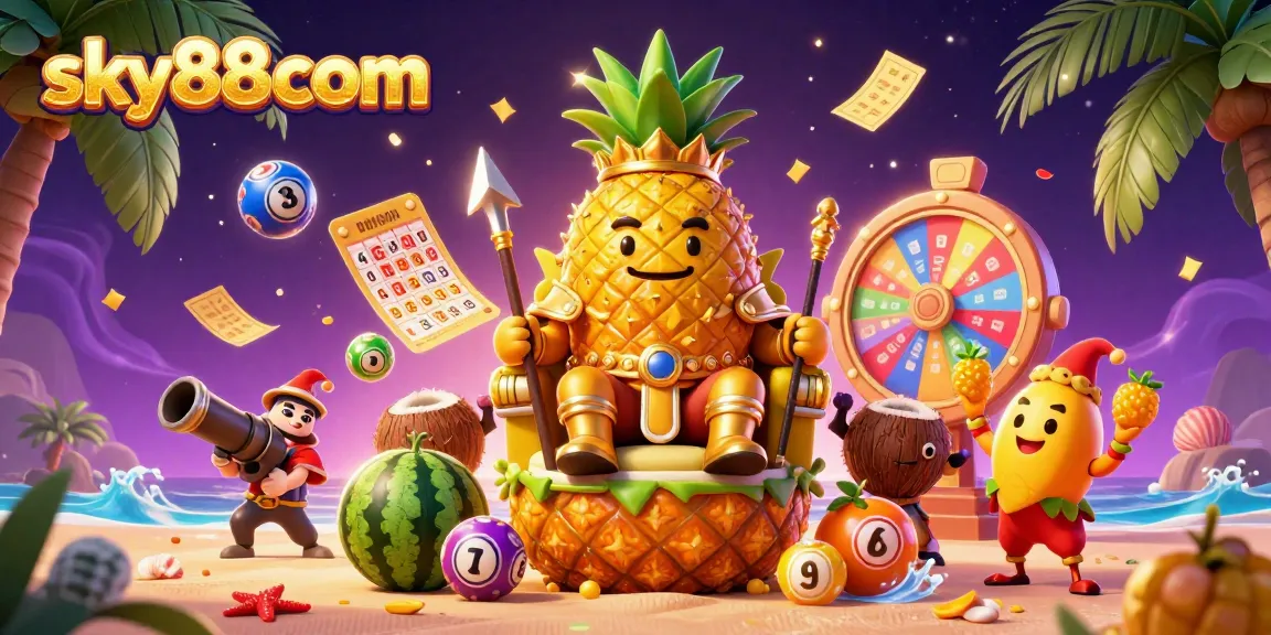 Engage with sky88com's vibrant action through a golden pineapple king surrounded by lottery elements.