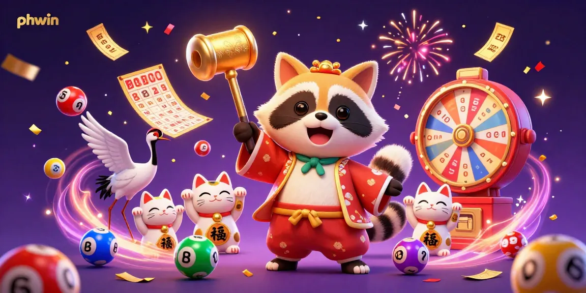Experience gaming excitement with phwin in a dynamic 3D illustration featuring a tanuki, lucky lottery elements, and festive atmosphere.
