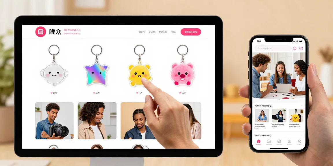 Shop custom keychains in a vibrant online store with diverse designs and engaging interface.