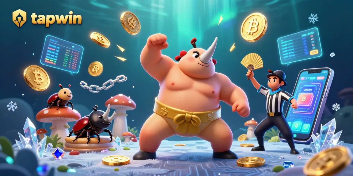 Experience the excitement of tapwin with a dynamic 3D scene featuring a sumo champion and crypto elements.