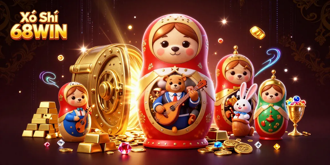 Xổ Số 68WIN showcases colorful cartoon bears and casino themes amidst gold coins and treasures.