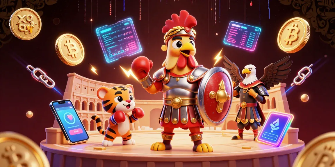 Experience the thrilling world of xo 88 with a gladiator rooster and crypto elements in a dynamic scene.