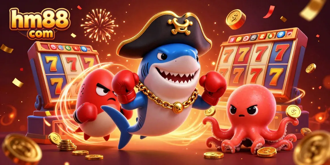 Players enjoy the thrilling excitement of hm88 com with vibrant slot reels, gold coins, and animated characters.