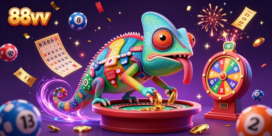 88vv chameleon casino owner in a vibrant digital illustration engaging in dynamic gambling activities.