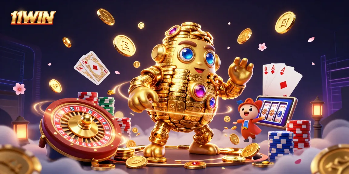 Play exciting games with 11WIN featuring a golden golem and dazzling casino elements.