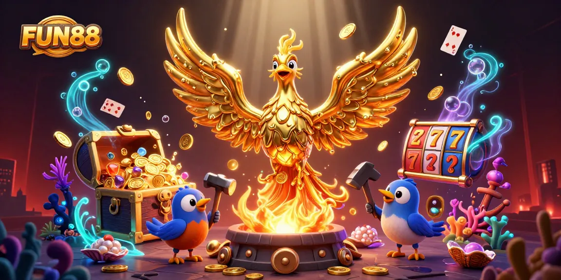 Experience the thrill of FUN88 with a vibrant casino-themed illustration filled with gold coins and slot reels.