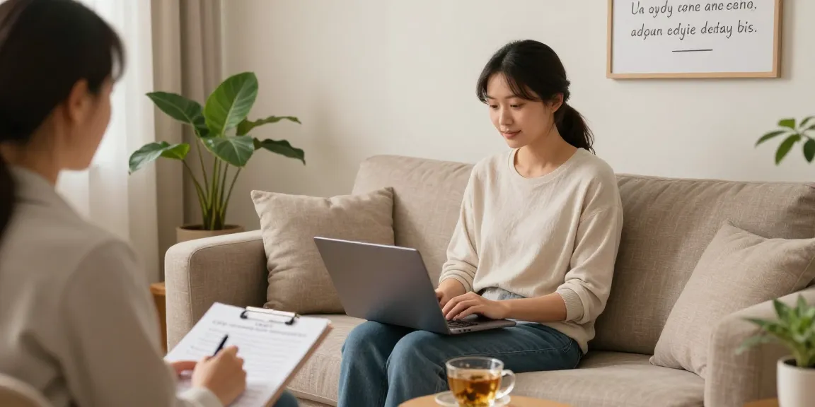 Individual taking an online ocd test in a serene therapy room, surrounded by calming decor.