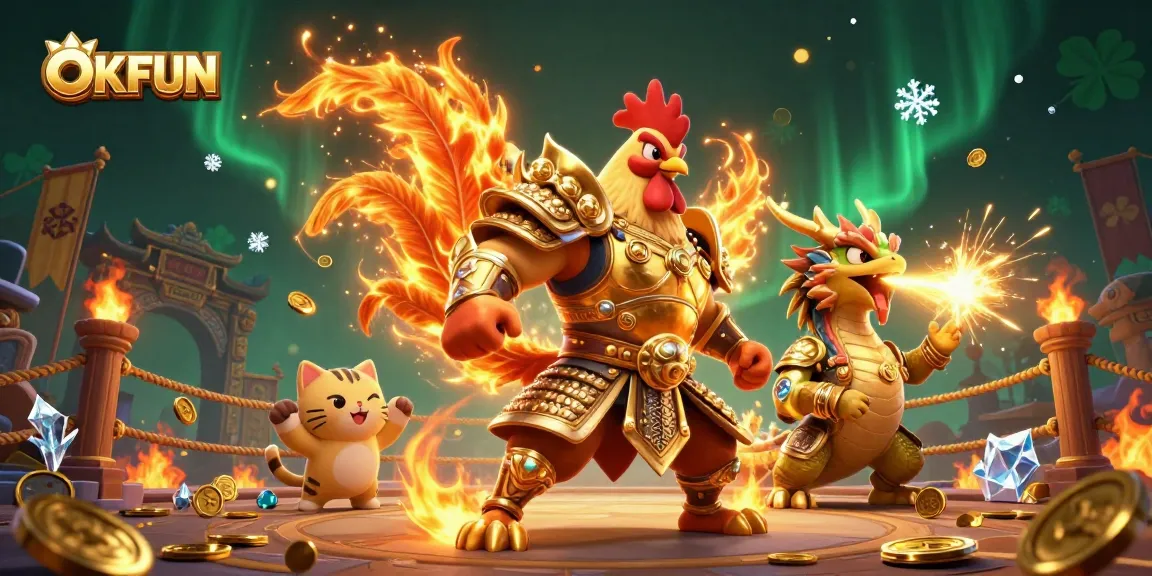 Experience the thrill of gambling with OKFUN in this vibrant cartoon scene featuring a fierce rooster warrior and dragon hatchling.