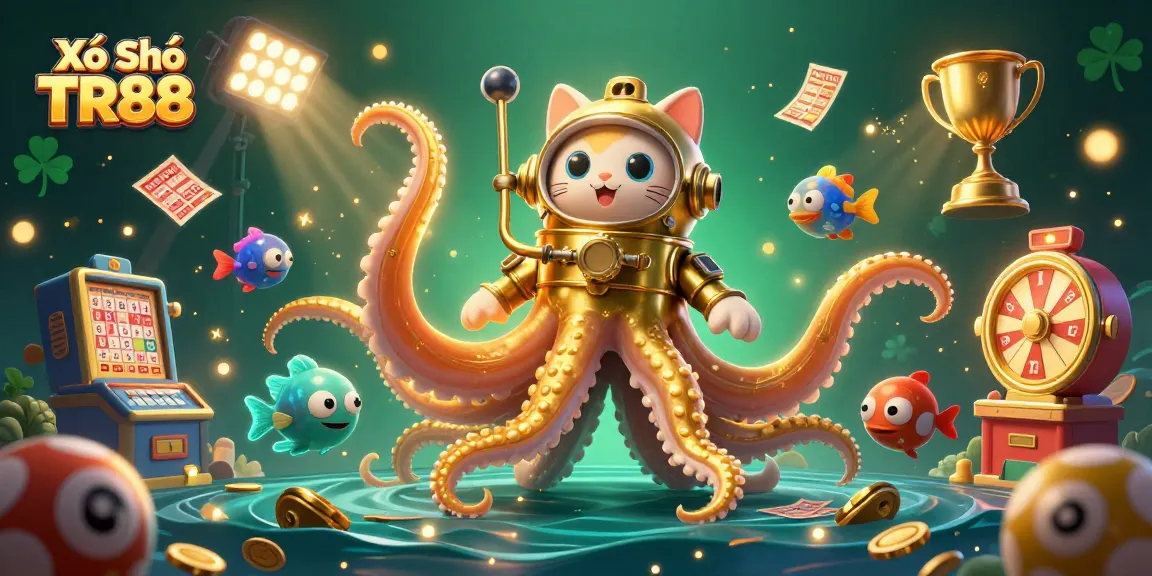 Experience excitement with Xổ Số TR88, featuring a dynamic 3D illustration of a kraken and lottery elements.