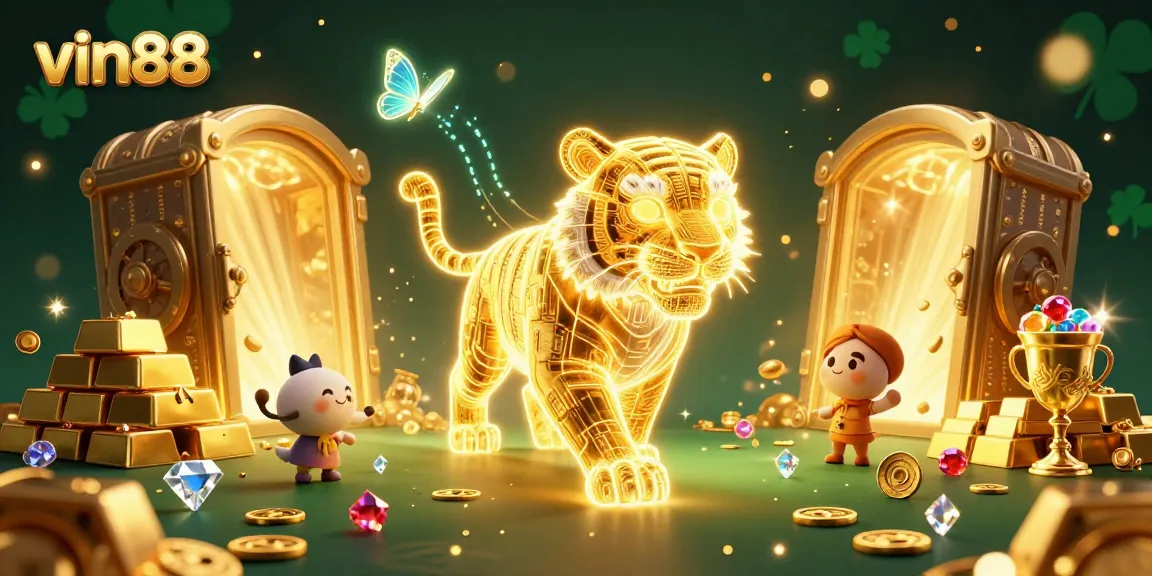 Experience winning excitement with vin88's vibrant 3D casino scene filled with slot games and glowing treasures.