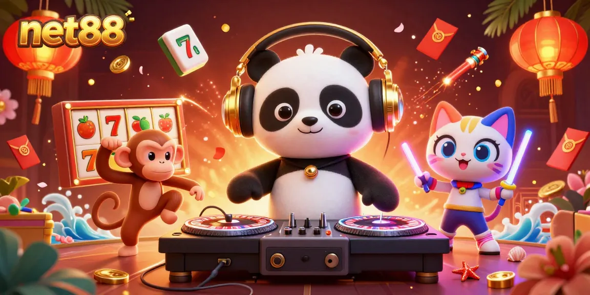 Join the vibrant excitement of net88 with a DJ panda spinning in a lively casino scene.