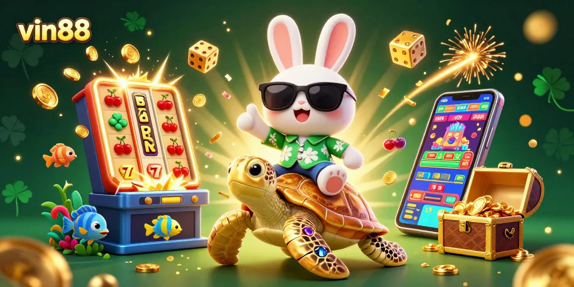 Experience the excitement at vin88, where a lucky rabbit celebrates on a golden sea turtle amidst a jackpot explosion.