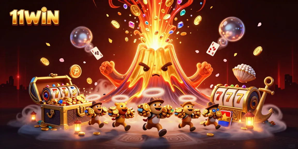 Experience the thrill of winning at 11WIN, featuring a golden volcano erupting treasure amidst casino elements.