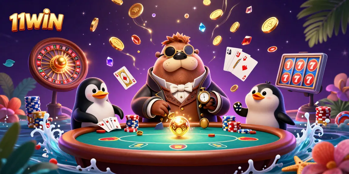 Join the exciting 11WIN underwater poker game with a walrus, penguin dealer, and pufferfish player.