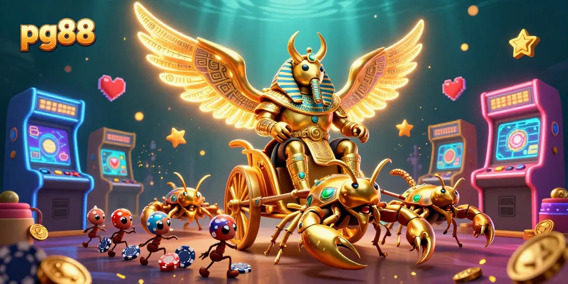 Experience the excitement of pg88 with a dynamic illustration showcasing a golden scarab beetle leading a casino adventure.