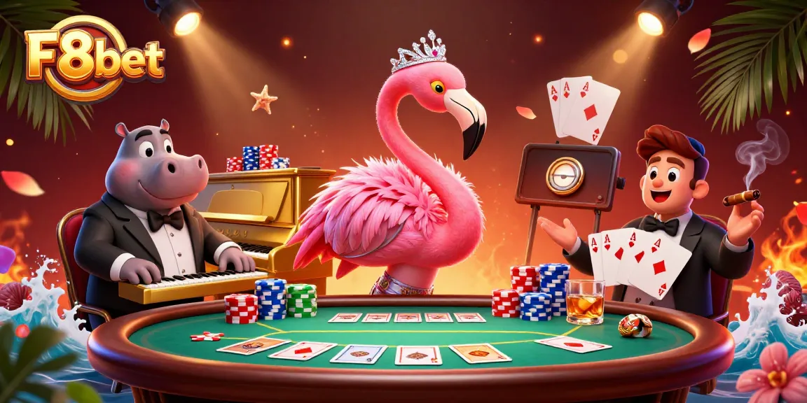 Experience the vibrant ambiance of F8bet's casino scene with lively characters and dynamic gaming elements.