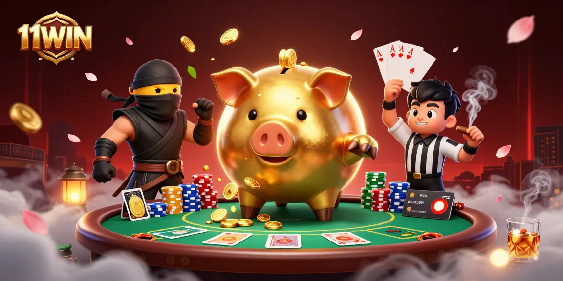 Experience thrilling poker action with the vibrant 11WIN casino scene filled with characters and game elements.