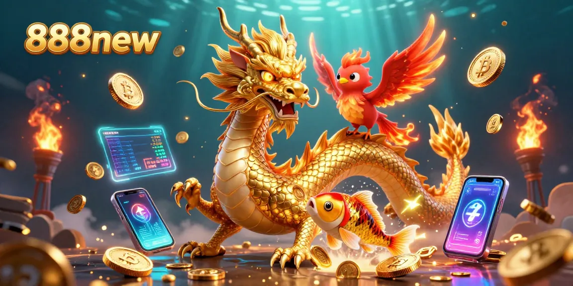 Experience thrilling gaming at 888new with a majestic dragon, phoenix, and koi fish amidst vibrant casino elements.