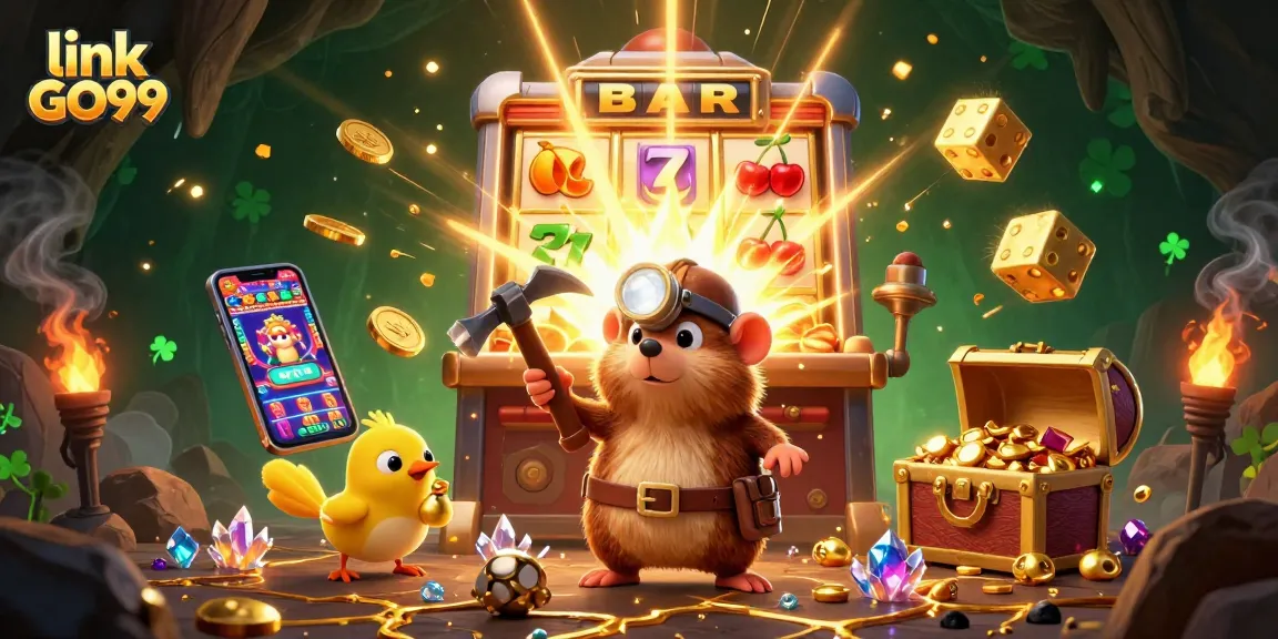 Experience thrilling wins at link GO99 with a vibrant 3D illustration of treasure and gaming excitement!