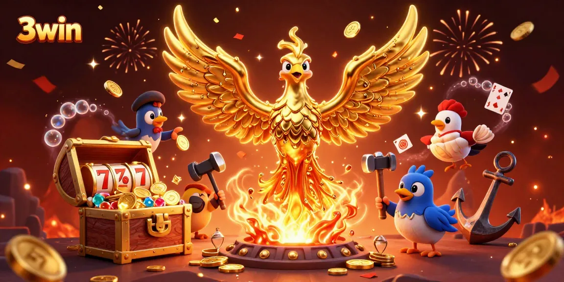 Engage with 3win's exciting world as a golden phoenix brings luck and treasures to online gamers.