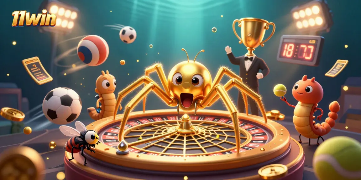 11WIN's vibrant casino scene showcases a golden spider spinning roulette webs and a centipede croupier managing dynamic bets.
