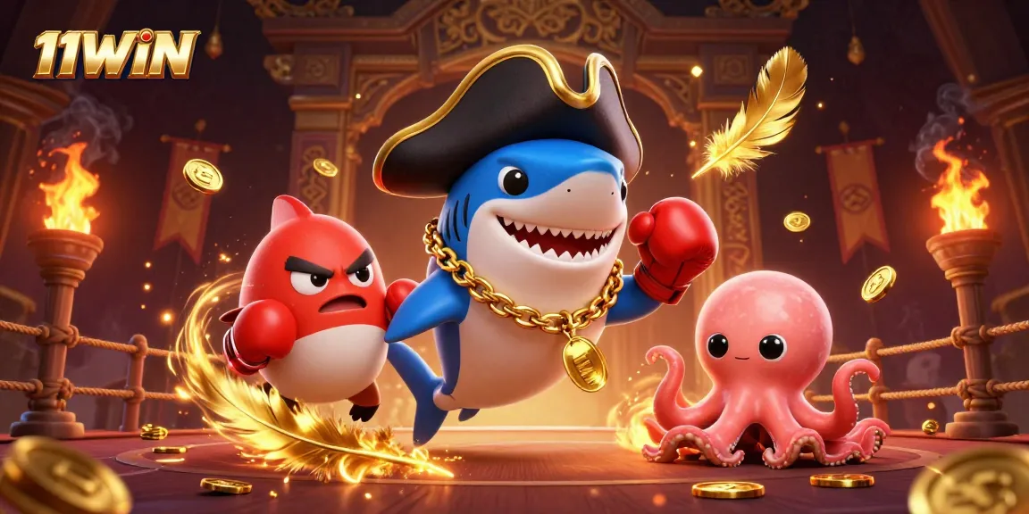 Engage with 11WIN's exciting casino atmosphere through vibrant 3D cartoon characters and golden elements.
