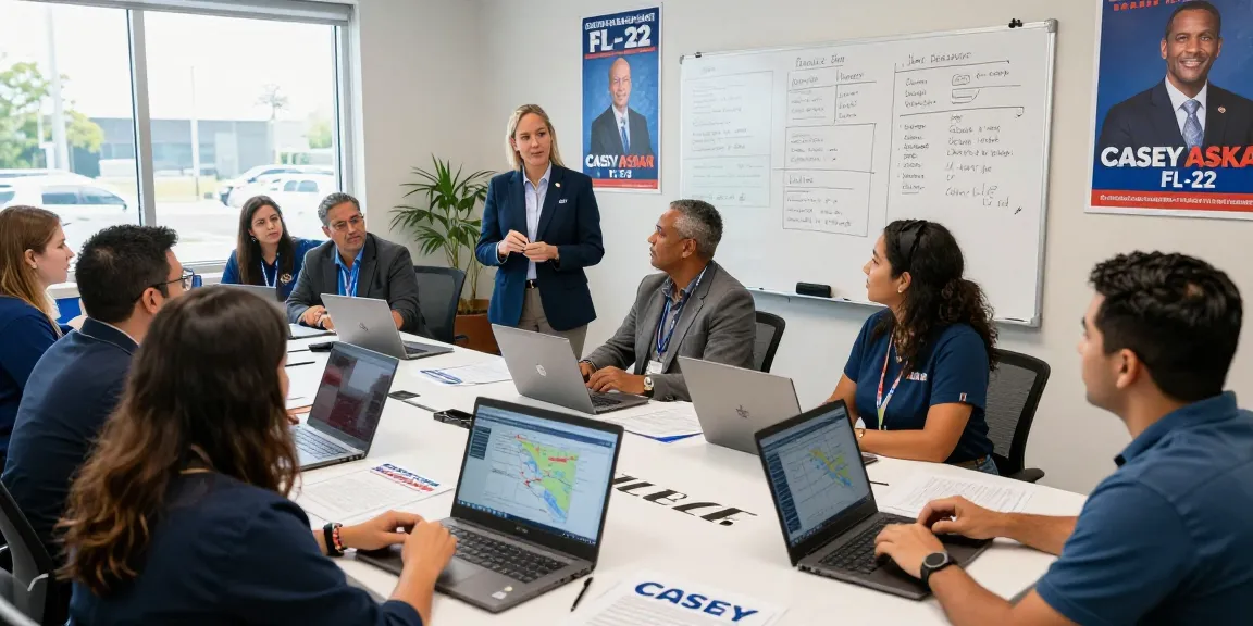 Dynamic campaign team strategizing for Casey Askar's election in FL-22.