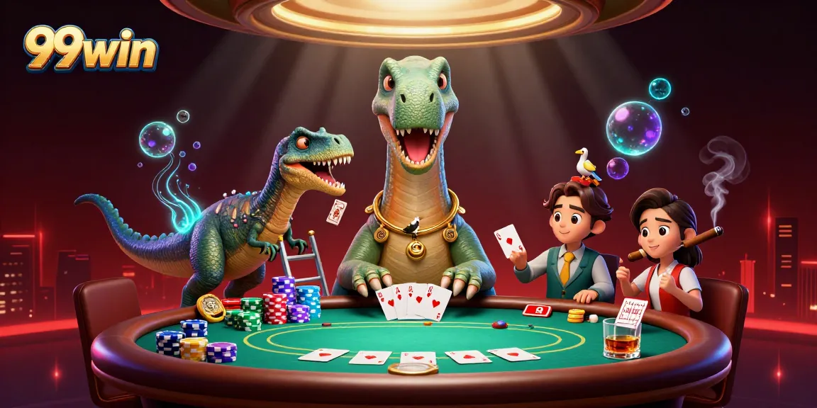 Engage with the thrilling world of 99win as a cartoon brontosaurus towers over a lively poker scene.