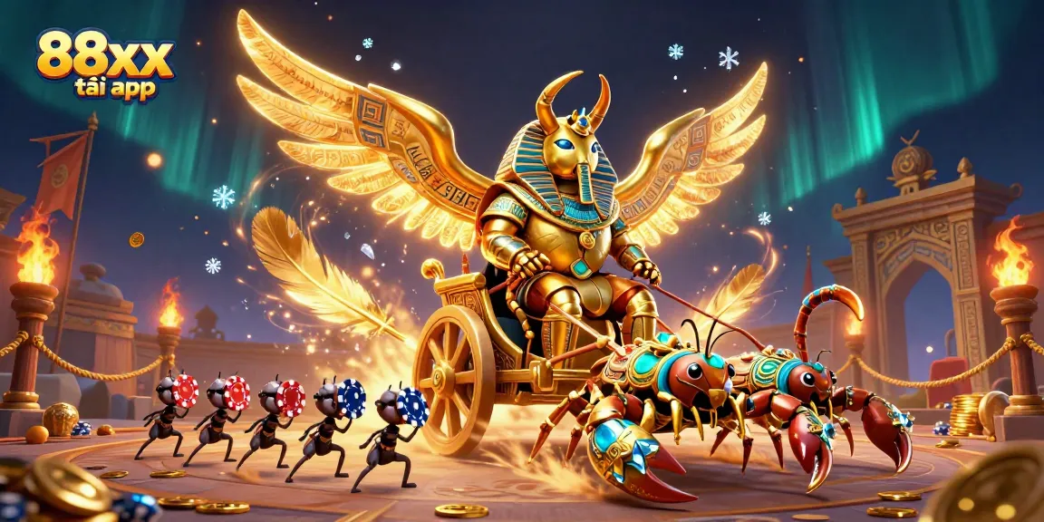 Join the action with 88xx tải app in a vibrant casino world featuring a golden scarab and scorpions.